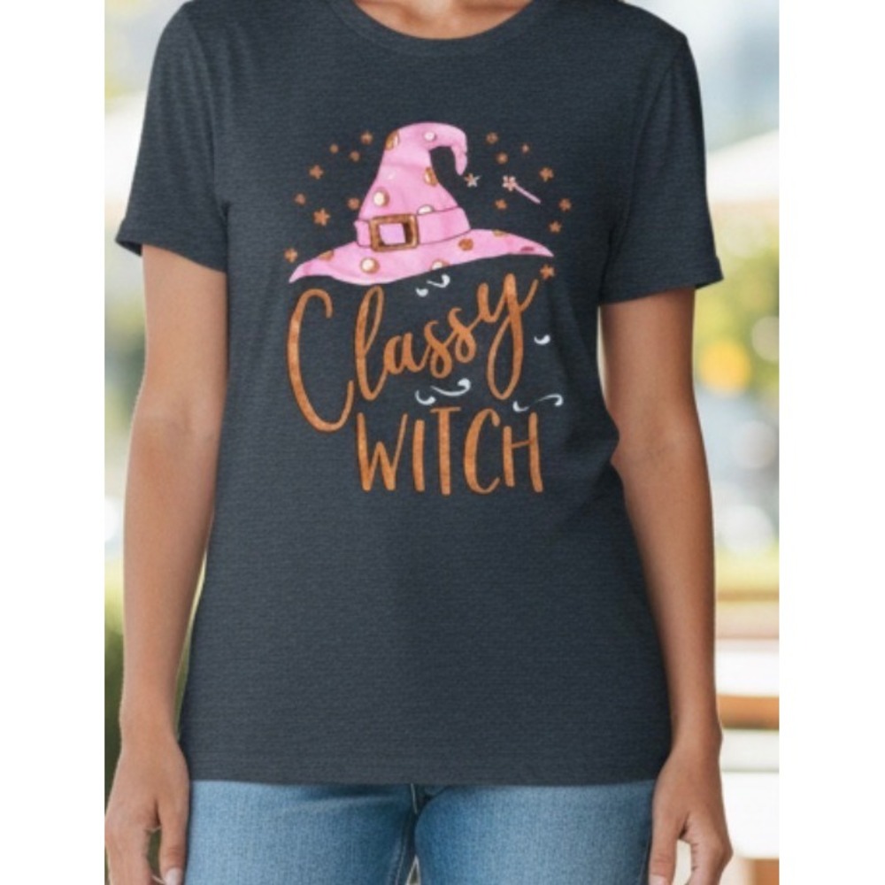 Classy Witch Halloween Graphic Tee Charcoal Gray Pink Hat Short Sleeve Shirt S
